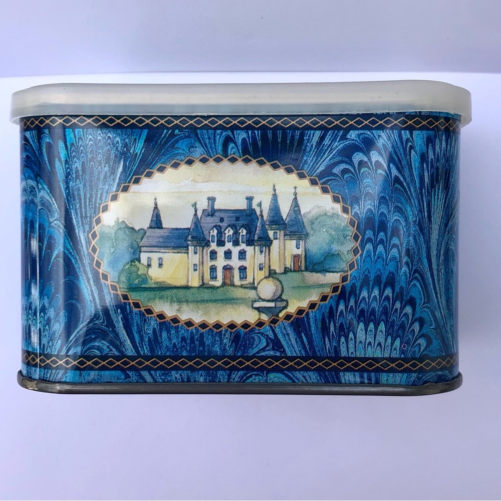 Vintage Castle scene Tin from General Foods International Coffee in blue